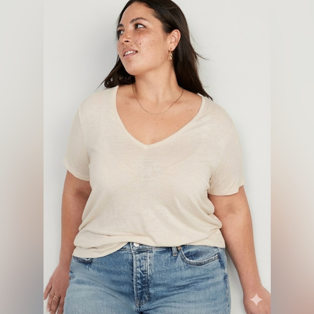 Old Navy V-Neck Ribbed Luxe T-Shirt in Cream Beige Size XXL